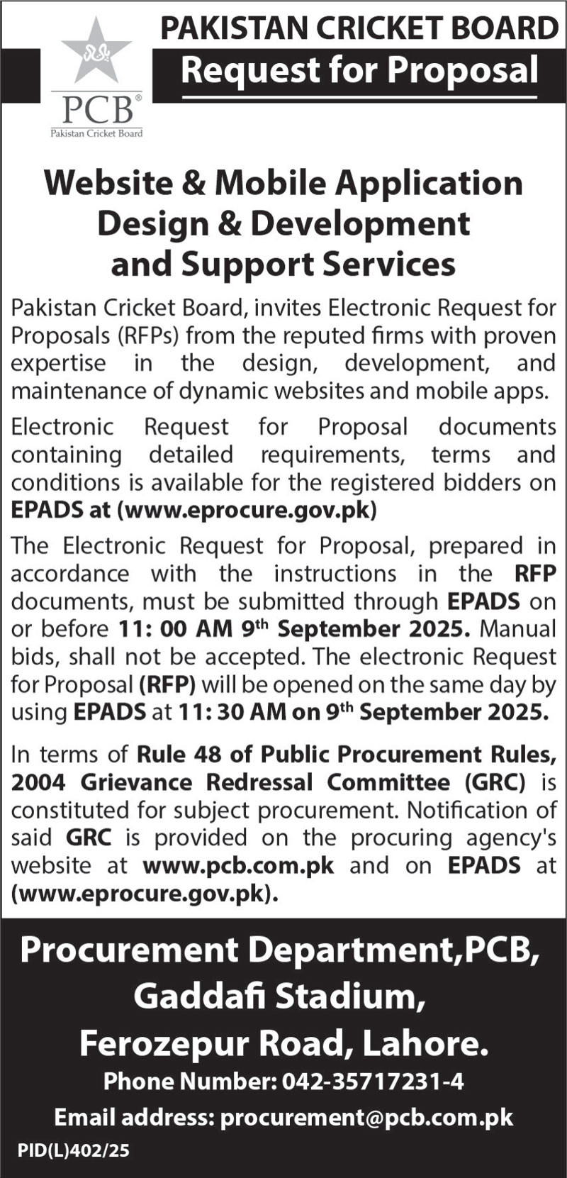 Pakistan Cricket Board Lahore Tender Notice